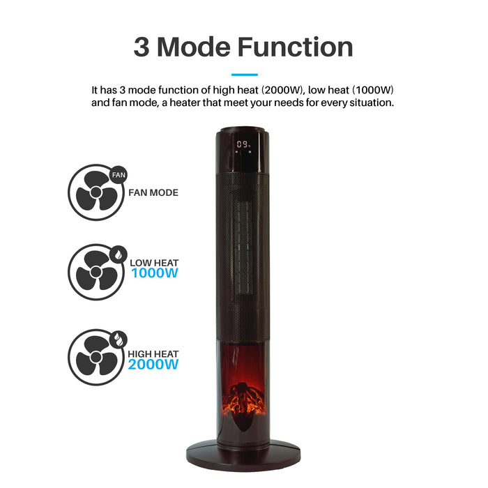 Tall Black Tower Fan Heater with Fireplace Ceramic Electric LED Remote 2000W