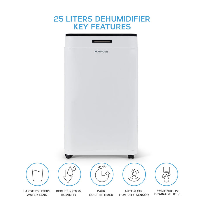 25L/Day Digital Dehumidifier - Sleep Mode, 24 HR Timer For Home, Laundry, Bedroom, Basement, Garage & Kitchen - Portable Electric Mould, Damp, Condensation Remover - Quiet Moisture Absorber